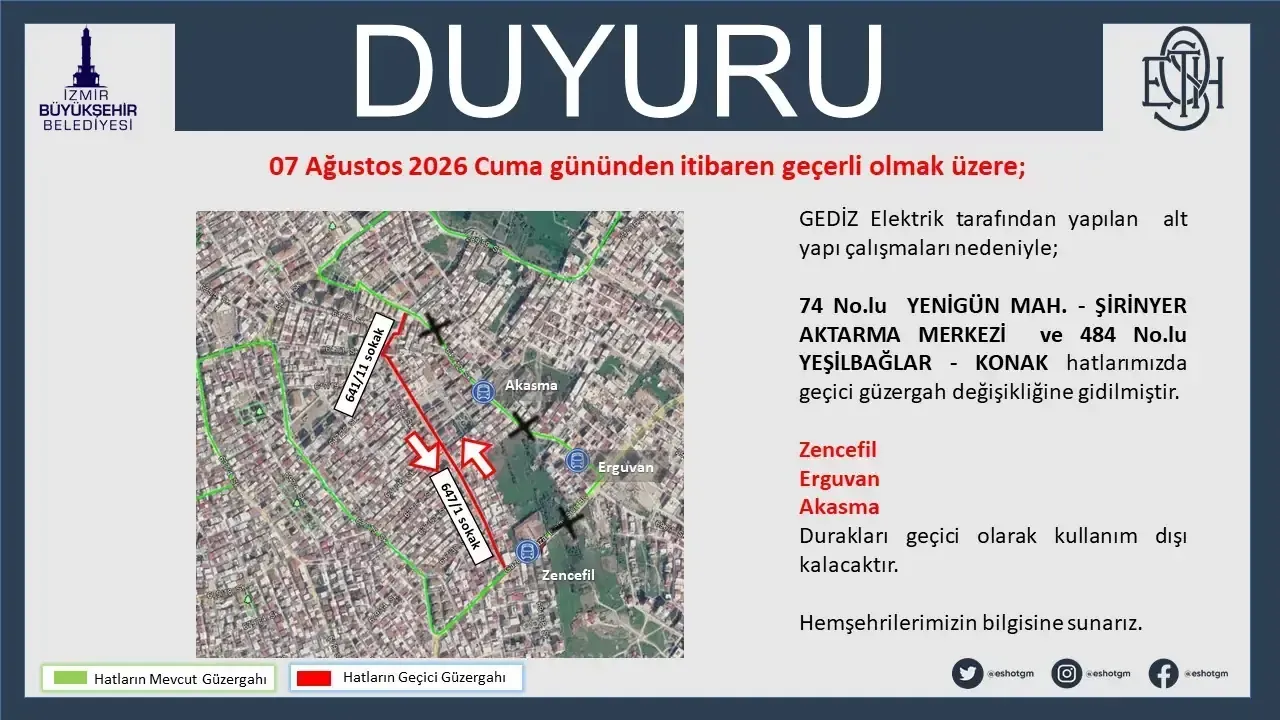 İzmir Büyükşehir Belediyesi ESHOT Genel Müdürlüğü, Buca'daki bazı hatların güzergah değişikliği ile ilgili duyuru yayınladı
