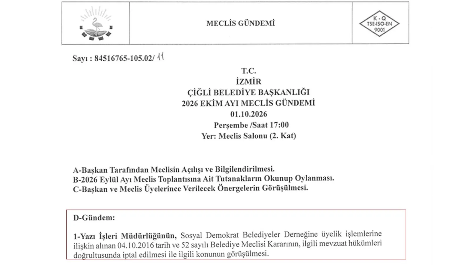 Çiğli Belediyesi, 1 Ekim Perşembe günü yapılacak Ekim ayı meclis toplantısında SODEM üyeliğinin iptalini oylayacak.